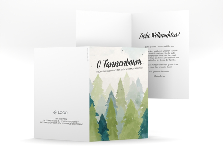 Geschäftliche Weihnachtskarte Weihnachtswald A6 Klappkarte hoch hochglanz mit Tannenbäumen