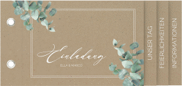 Klick: Details zu Hochzeitseinladung "Eucalypt" anzeigen Hochzeitseinladung Eucalypt Booklet Kraftpapier mit Eukalyptus und edlem Rahmen