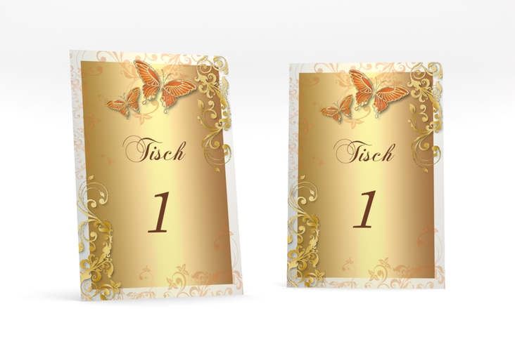 Tischnummer Hochzeit Toulouse Tischaufsteller orange gold