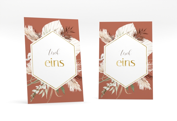 Tischnummer Hochzeit Bohemian Tischaufsteller orange gold