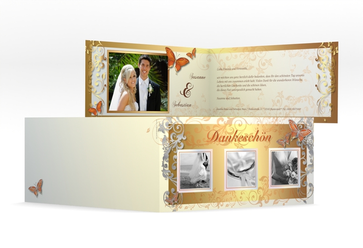 Dankeskarte Hochzeit Toulouse lange Klappkarte quer orange silber