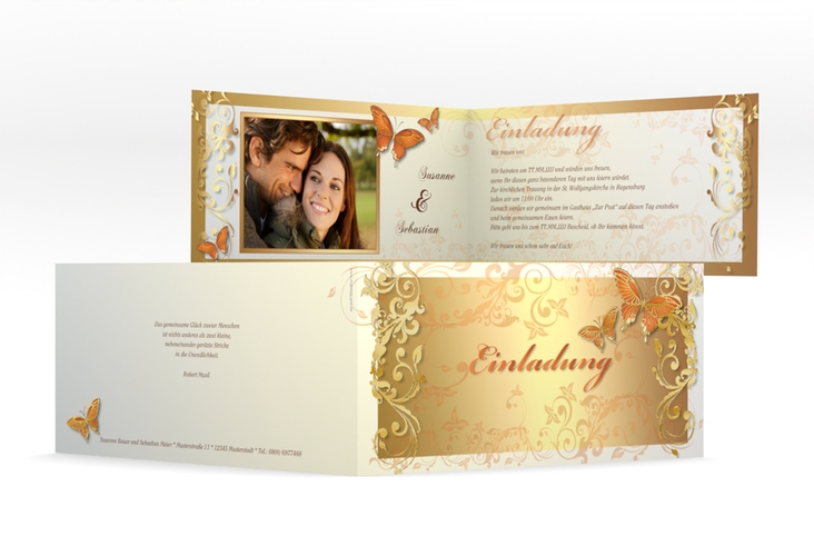 Hochzeitseinladung Toulouse lange Klappkarte quer orange gold