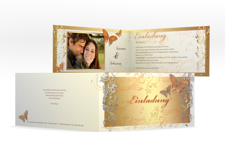 Hochzeitseinladung Toulouse lange Klappkarte quer orange silber