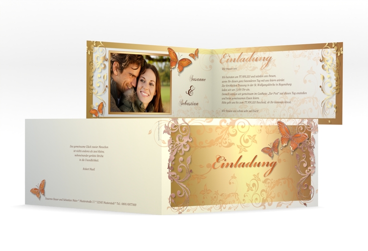 Hochzeitseinladung Toulouse lange Klappkarte quer orange rosegold