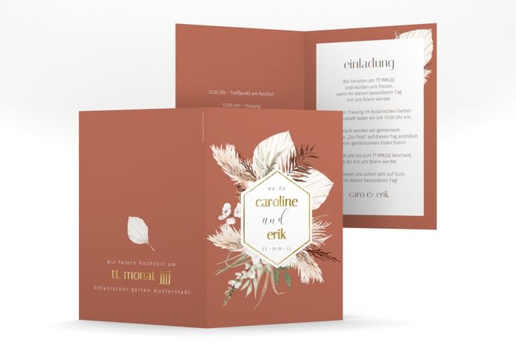 Einladungskarte Hochzeit Bohemian A6 Klappkarte hoch orange gold mit Gräsern und Trockenblumen für Boho-Hochzeit