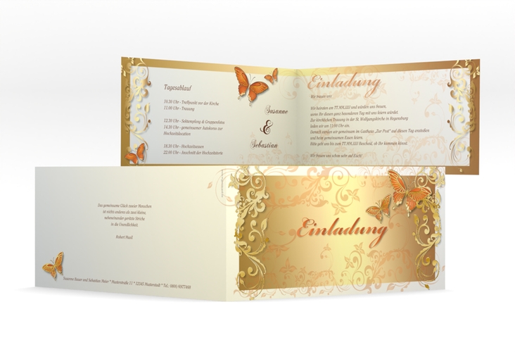 Hochzeitseinladung Toulouse lange Klappkarte quer orange gold