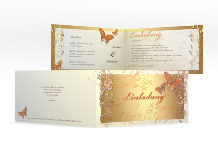 Hochzeitseinladung Toulouse lange Klappkarte quer orange rosegold