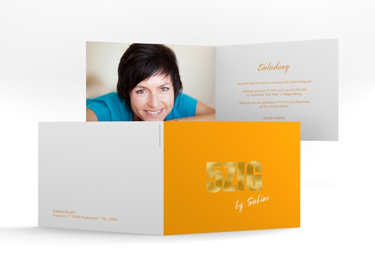 Einladung 50. Geburtstag Zig A6 Klappkarte quer orange gold