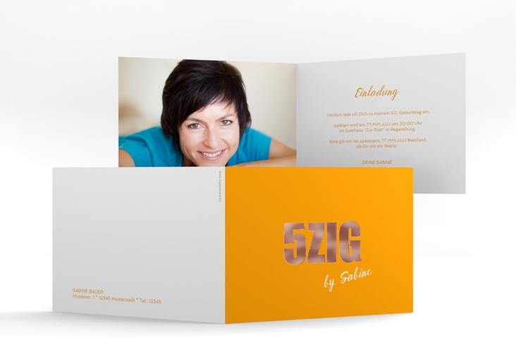 Einladung 50. Geburtstag Zig A6 Klappkarte quer orange rosegold