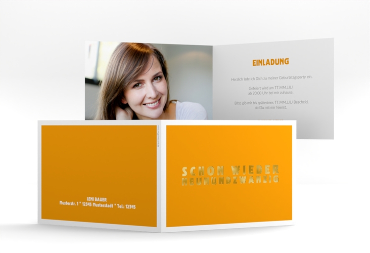 Einladung 30. Geburtstag Gag A6 Klappkarte quer orange gold