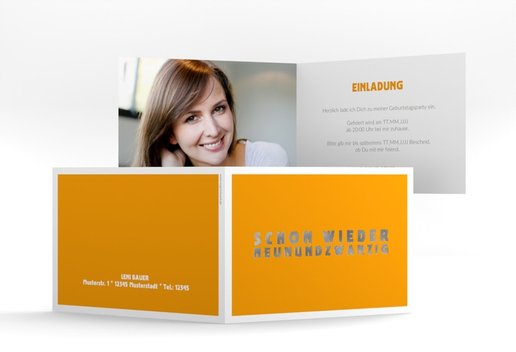 Einladung 30. Geburtstag Gag A6 Klappkarte quer orange silber
