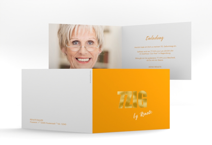 Einladung 70. Geburtstag Zig A6 Klappkarte quer orange gold