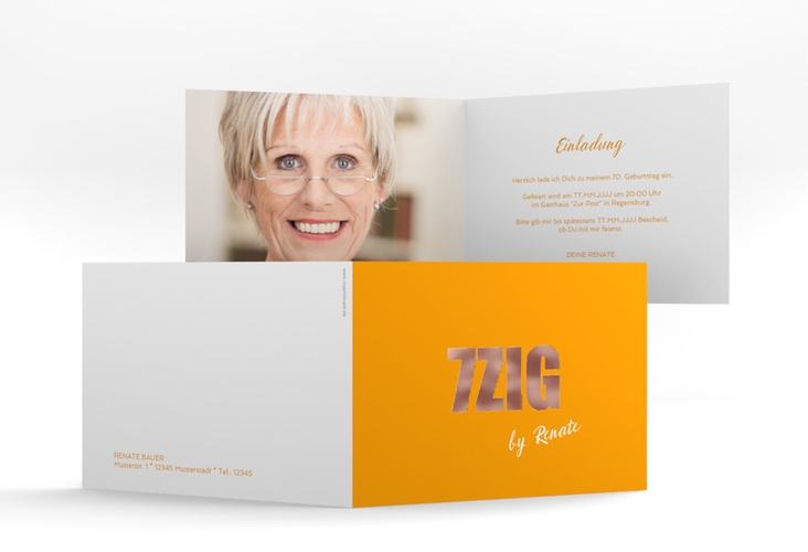 Einladung 70. Geburtstag Zig A6 Klappkarte quer orange rosegold