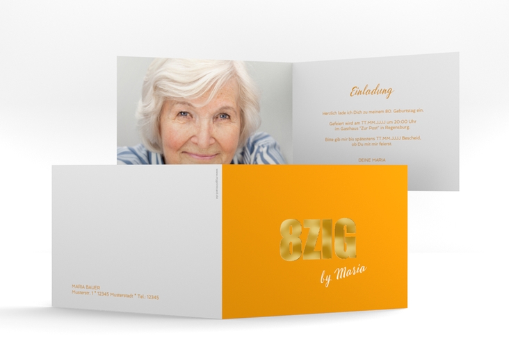 Einladung 80. Geburtstag Zig A6 Klappkarte quer orange gold