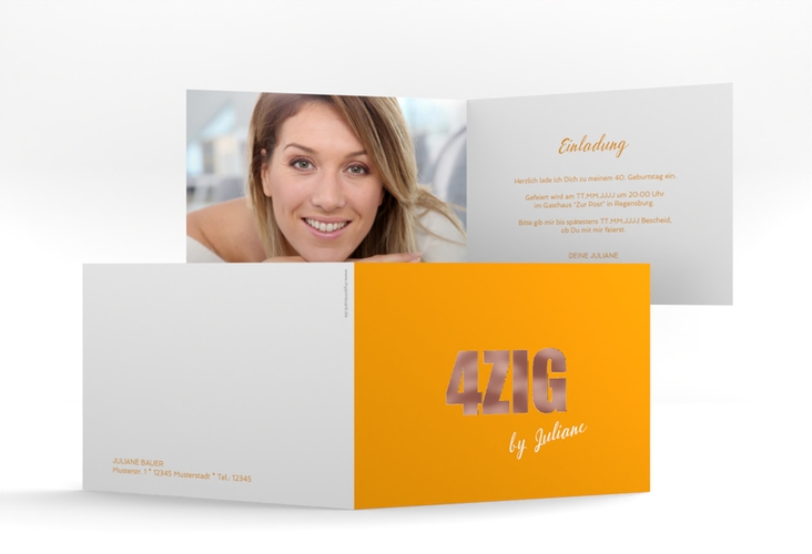 Einladung 40. Geburtstag Zig A6 Klappkarte quer orange rosegold