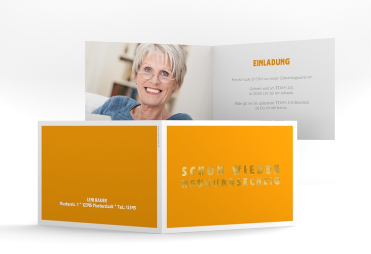Einladung 70. Geburtstag Gag A6 Klappkarte quer orange gold