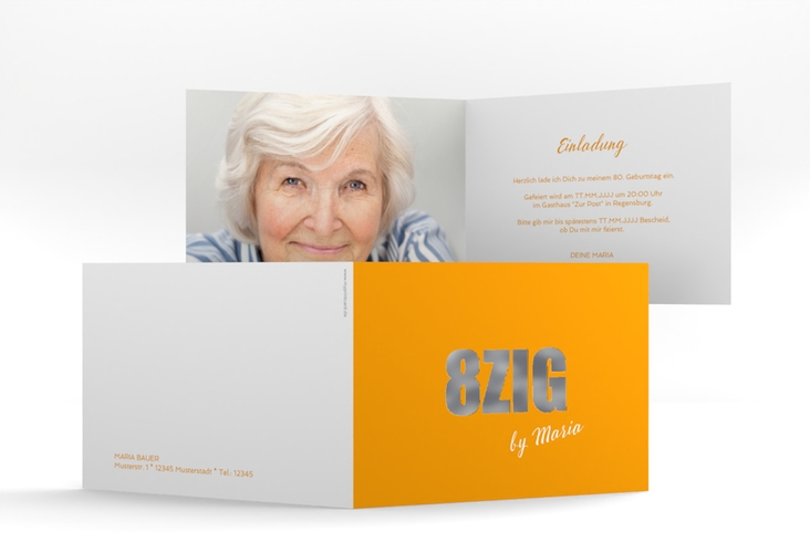 Einladung 80. Geburtstag Zig A6 Klappkarte quer orange silber
