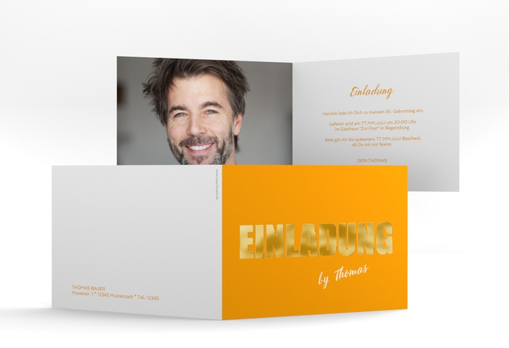 Einladung Geburtstag Zig A6 Klappkarte quer orange gold