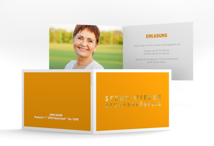 Einladung 60. Geburtstag Gag A6 Klappkarte quer orange gold
