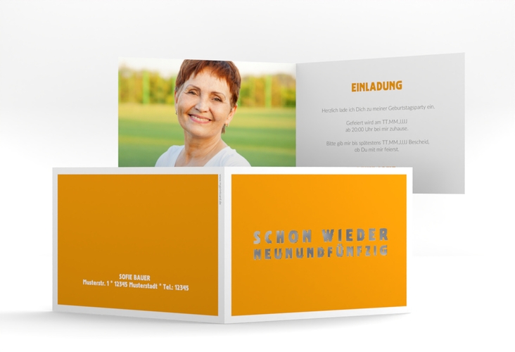 Einladung 60. Geburtstag Gag A6 Klappkarte quer orange silber