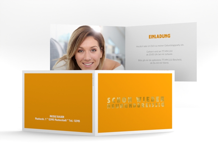 Einladung 40. Geburtstag Gag A6 Klappkarte quer orange gold