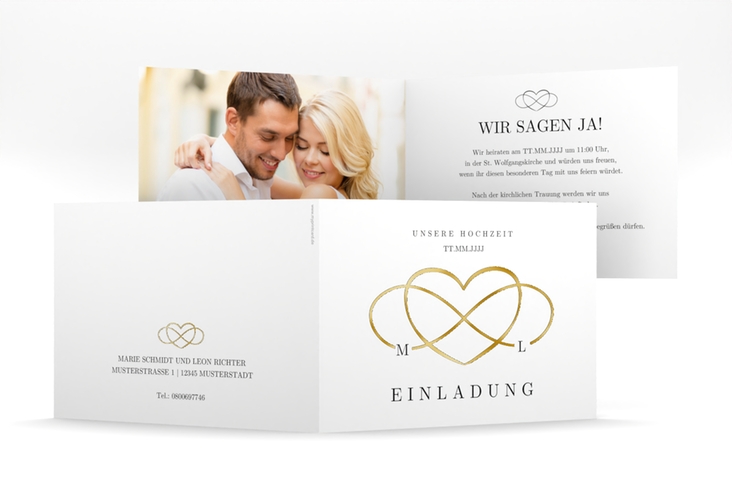 Hochzeitseinladung Infinity mittlere Klappkarte quer schwarz gold