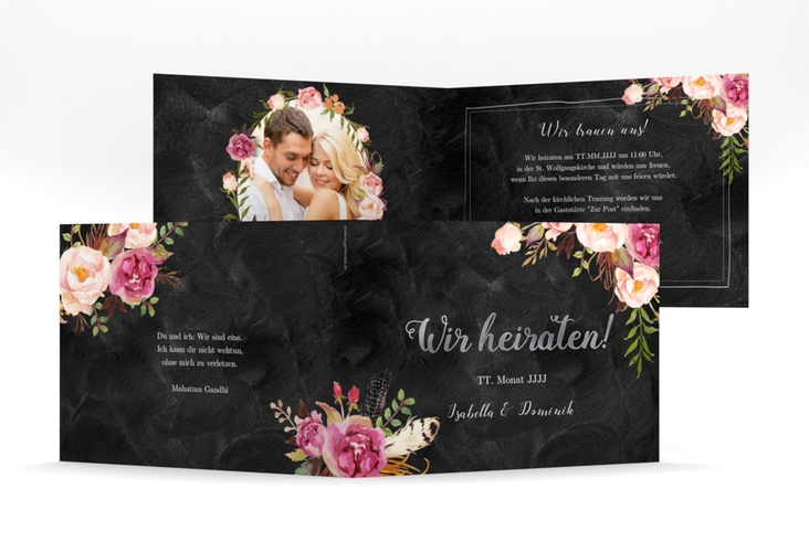 Hochzeitseinladung Flowers mittlere Klappkarte quer schwarz silber mit bunten Aquarell-Blumen