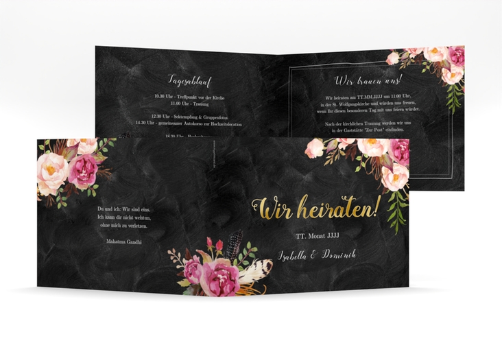 Hochzeitseinladung Flowers mittlere Klappkarte quer schwarz gold mit bunten Aquarell-Blumen