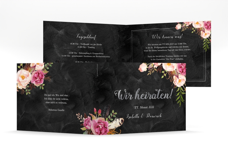 Hochzeitseinladung Flowers mittlere Klappkarte quer schwarz silber mit bunten Aquarell-Blumen