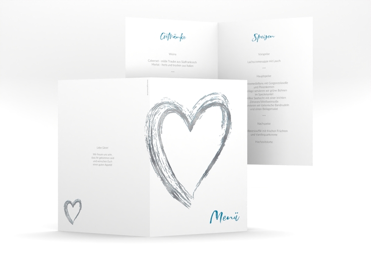 Menükarte Hochzeit Liebe A5 Klappkarte hoch tuerkis silber