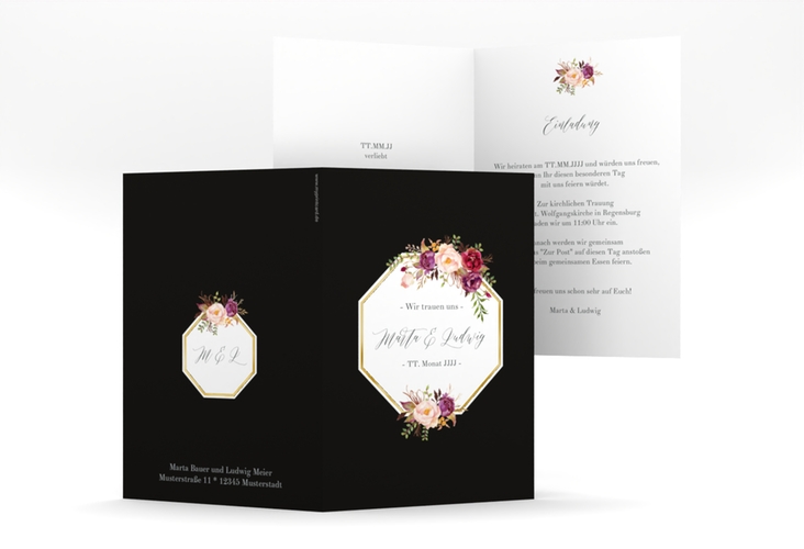 Einladungskarte Hochzeit Prachtvoll A6 Klappkarte hoch schwarz gold