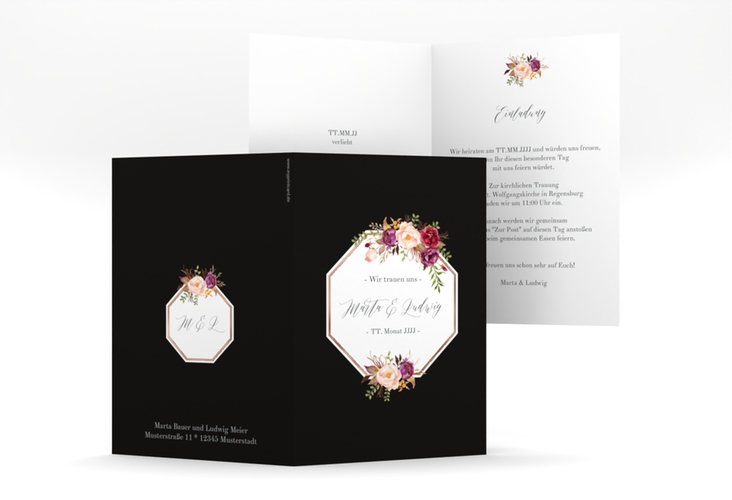 Einladungskarte Hochzeit Prachtvoll A6 Klappkarte hoch schwarz rosegold