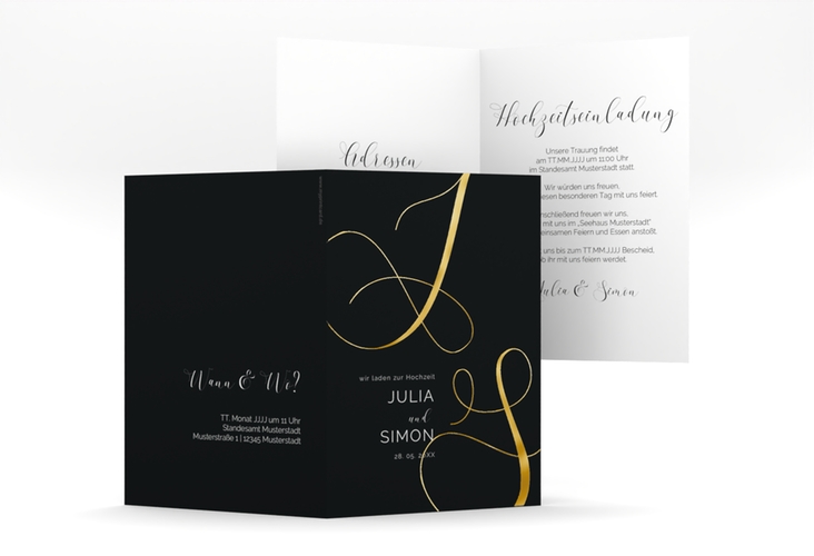 Hochzeitseinladung Eheschließung A6 Klappkarte hoch schwarz gold mit Gräsern und Trockenblumen für Boho-Hochzeit