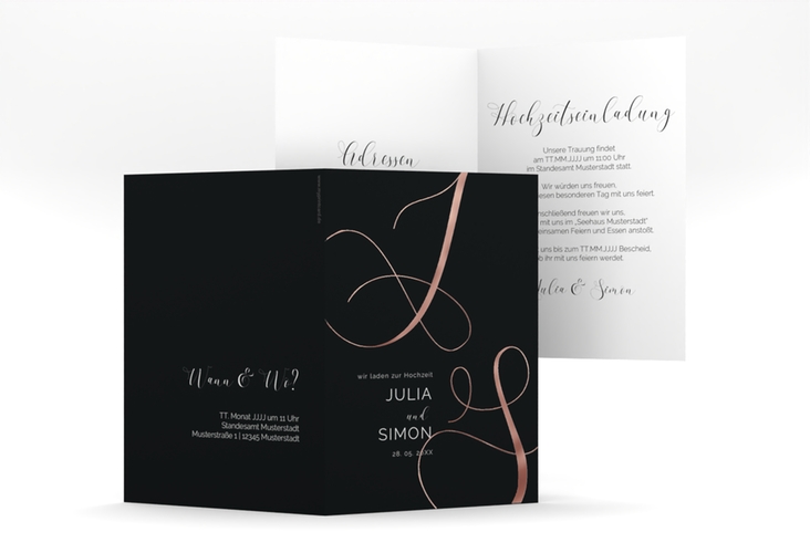 Hochzeitseinladung Eheschließung A6 Klappkarte hoch schwarz rosegold mit Gräsern und Trockenblumen für Boho-Hochzeit