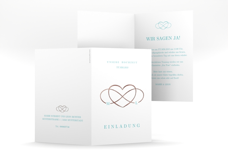 Einladungskarte Hochzeit Infinity A6 Klappkarte hoch tuerkis rosegold