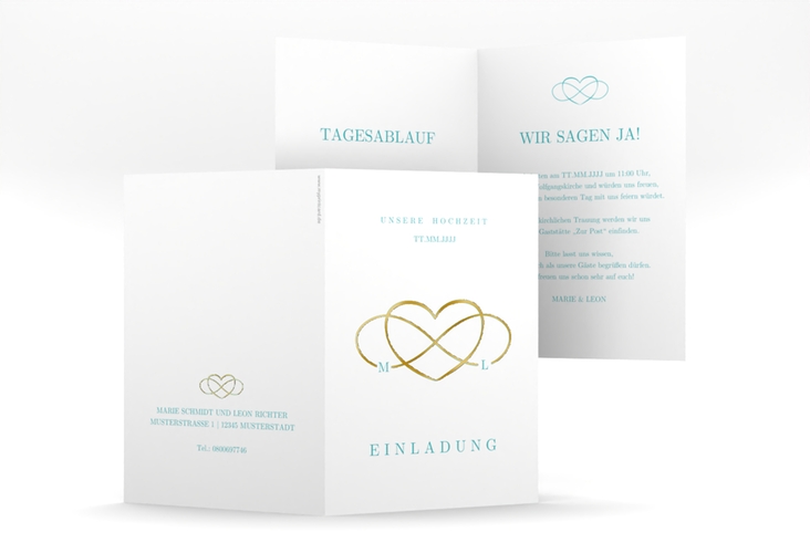 Einladungskarte Hochzeit Infinity A6 Klappkarte hoch tuerkis gold