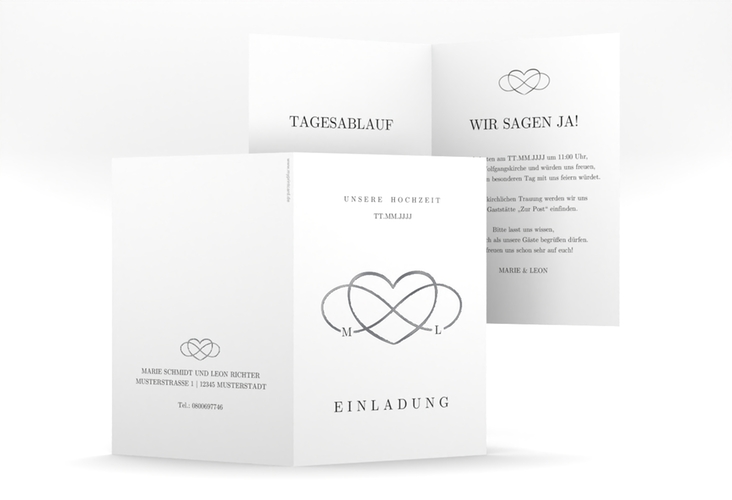 Einladungskarte Hochzeit Infinity A6 Klappkarte hoch schwarz silber