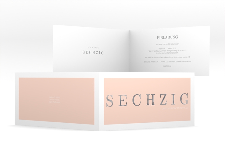 Einladung 60. Geburtstag Schlicht lange Klappkarte quer apricot silber