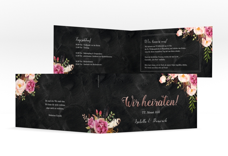 Hochzeitseinladung Flowers lange Klappkarte quer schwarz rosegold mit bunten Aquarell-Blumen