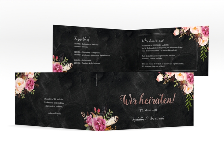 Hochzeitseinladung Flowers lange Klappkarte quer schwarz rosegold mit bunten Aquarell-Blumen