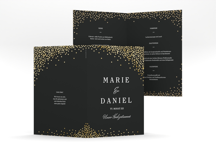 Menükarte Hochzeit Glitter A5 Klappkarte hoch schwarz gold