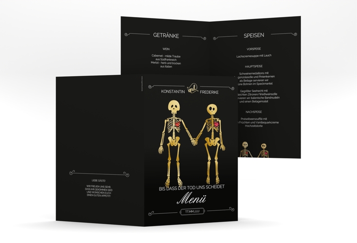 Menükarte Hochzeit "Bones" DIN A5 geklappt schwarz gold
