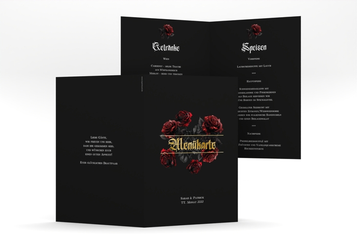 Menükarte Hochzeit Gothic Rose A5 Klappkarte hoch schwarz gold