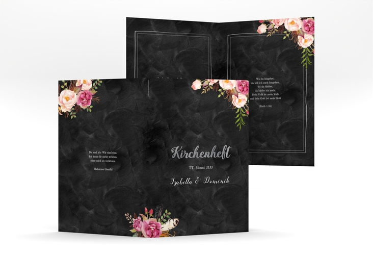 Kirchenheft Hochzeit Flowers A5 Klappkarte hoch schwarz silber mit bunten Aquarell-Blumen