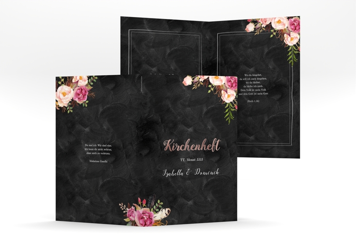 Kirchenheft Hochzeit Flowers A5 Klappkarte hoch schwarz rosegold mit bunten Aquarell-Blumen