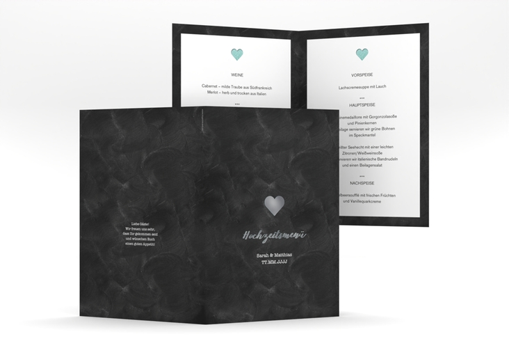 Menükarte Hochzeit Sparkly A5 Klappkarte hoch tuerkis silber