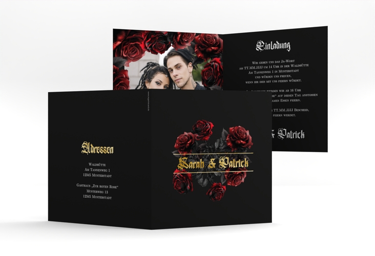 Hochzeitseinladung Gothic Rose quadr. Klappkarte schwarz gold