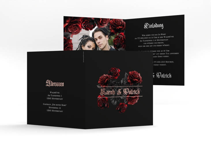 Hochzeitseinladung Gothic Rose quadr. Klappkarte schwarz rosegold