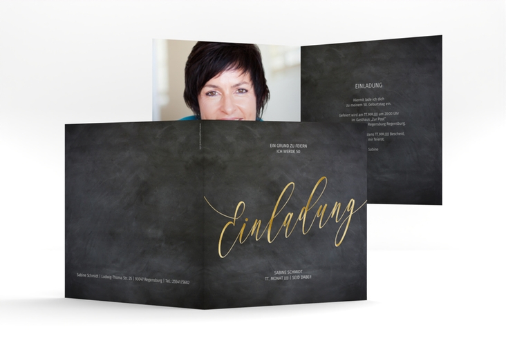 Einladung 50. Geburtstag Board quadr. Klappkarte schwarz gold