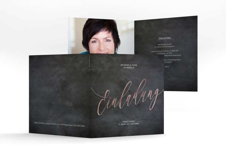Einladung 50. Geburtstag Board quadr. Klappkarte schwarz rosegold